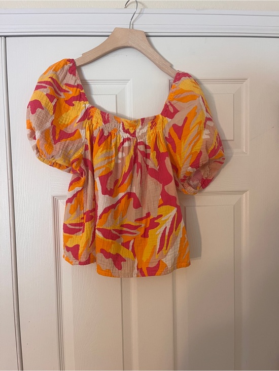 Sanctuary Tops - Sanctuary Puff Sleeve Square Neck Blouse in Pink, Orange & Cream